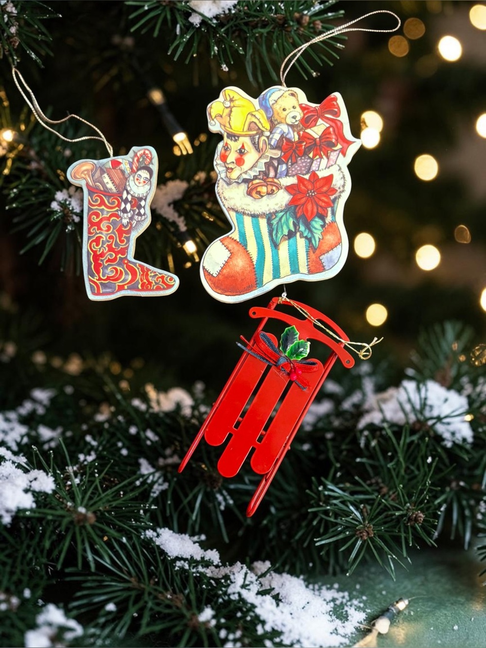 Vintage Christmas Ornament Lot 3pc Red Metal Sled Die Cut Stocking Holiday Decor